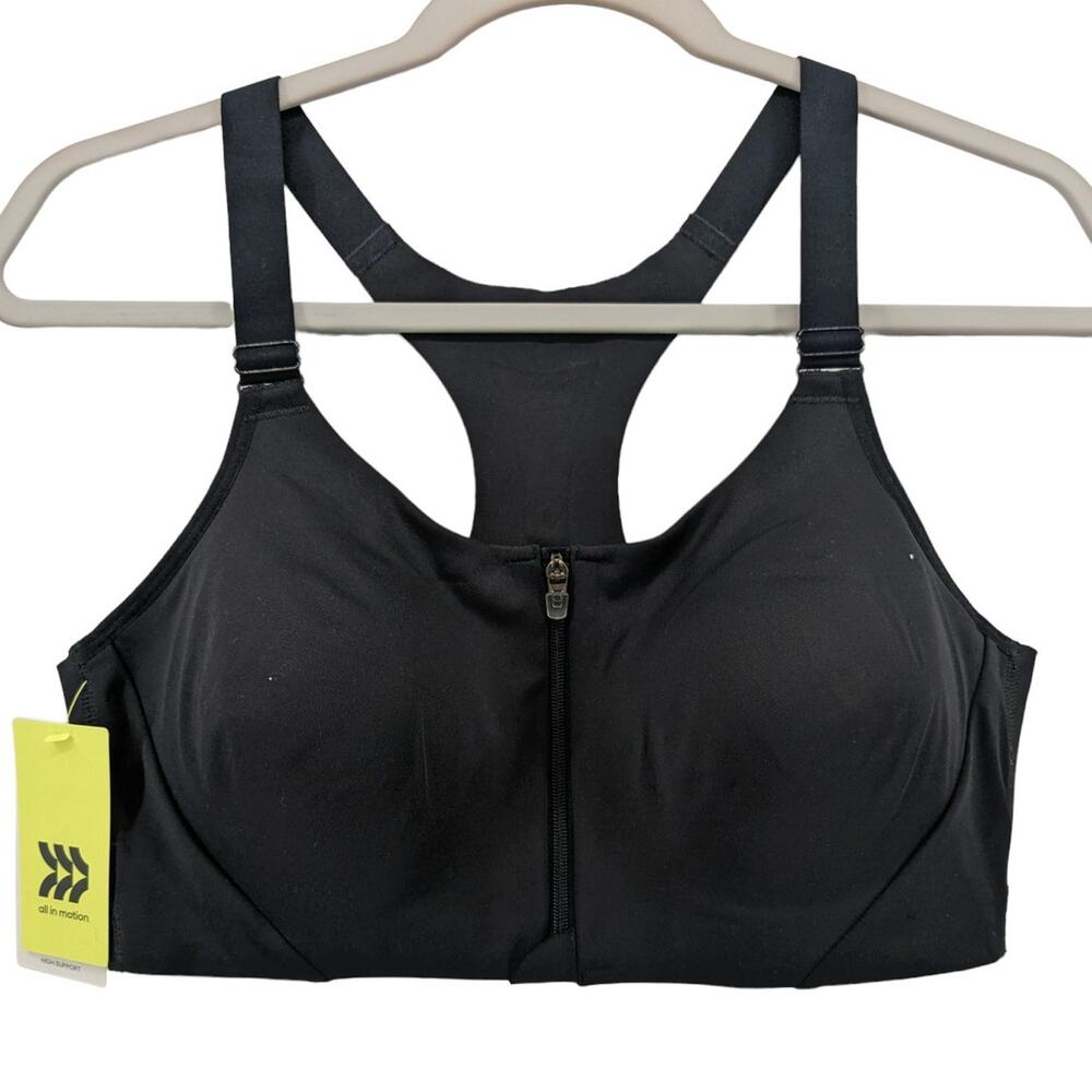 Sports Bra High Support Mesh Back Zip Front All in Motion Black 38B Workout Gym